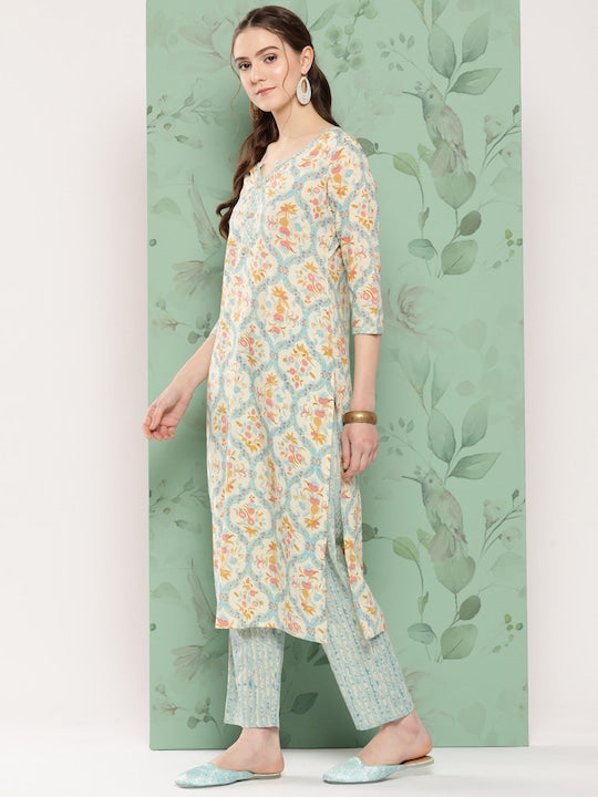 Yufta Floral Printed Sequinned Pure Cotton Kurta with Trousers & With Dupatta