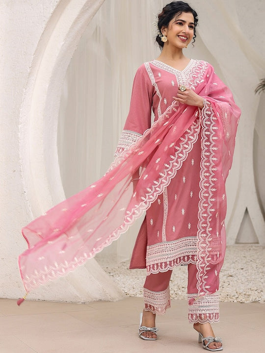 Vishudh Ethnic Motifs Embroidered Thread Work Pure Cotton Kurta with Trousers & Dupatta