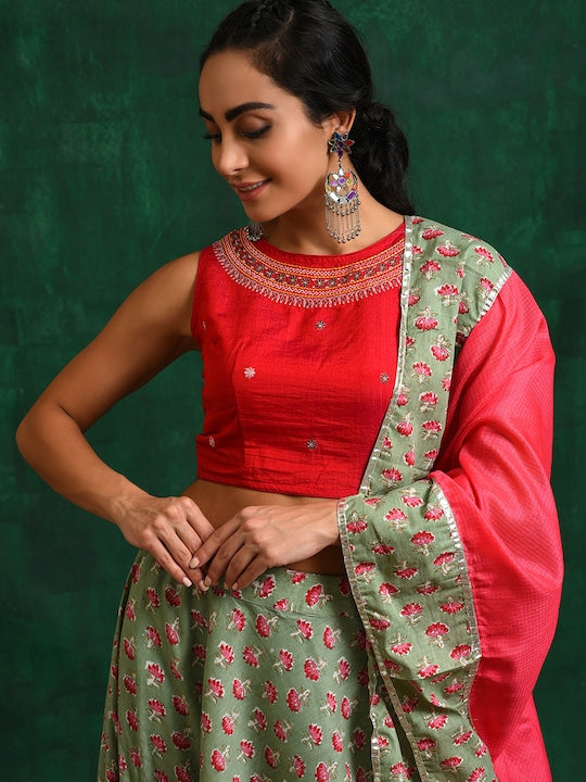 AKS Embroidered Thread Work Ready To Wear Silk Lehenga & Blouse With Dupatta