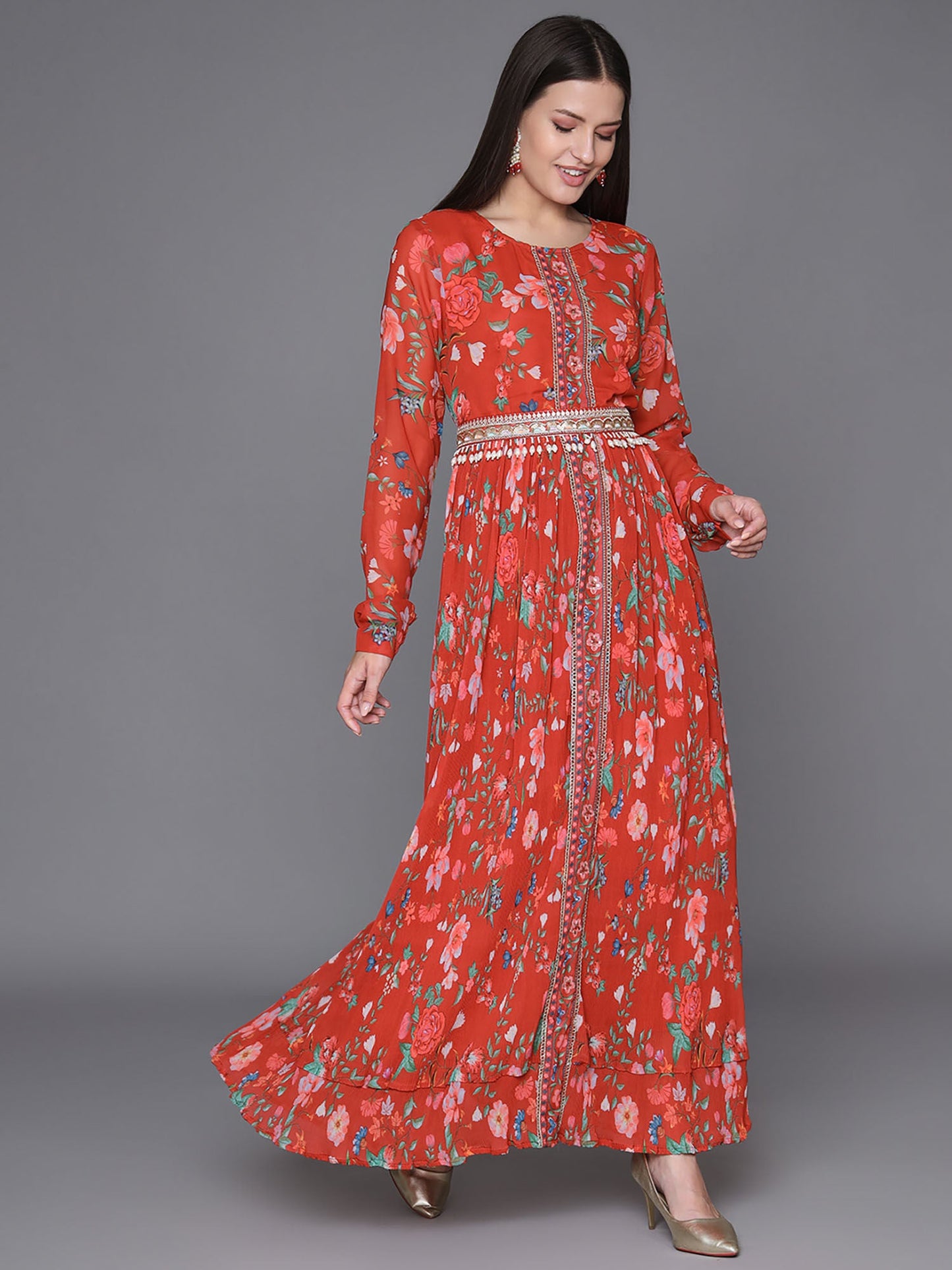 Heeposh Red Zari Embroidered Flared Kurta with Dupatta & An Embellished Belt (Set of 3)