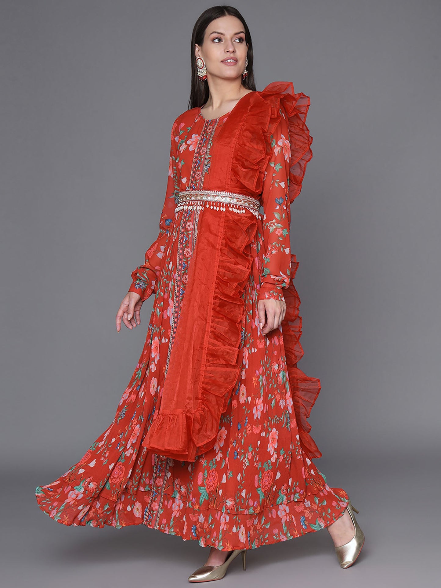 Heeposh Red Zari Embroidered Flared Kurta with Dupatta & An Embellished Belt (Set of 3)