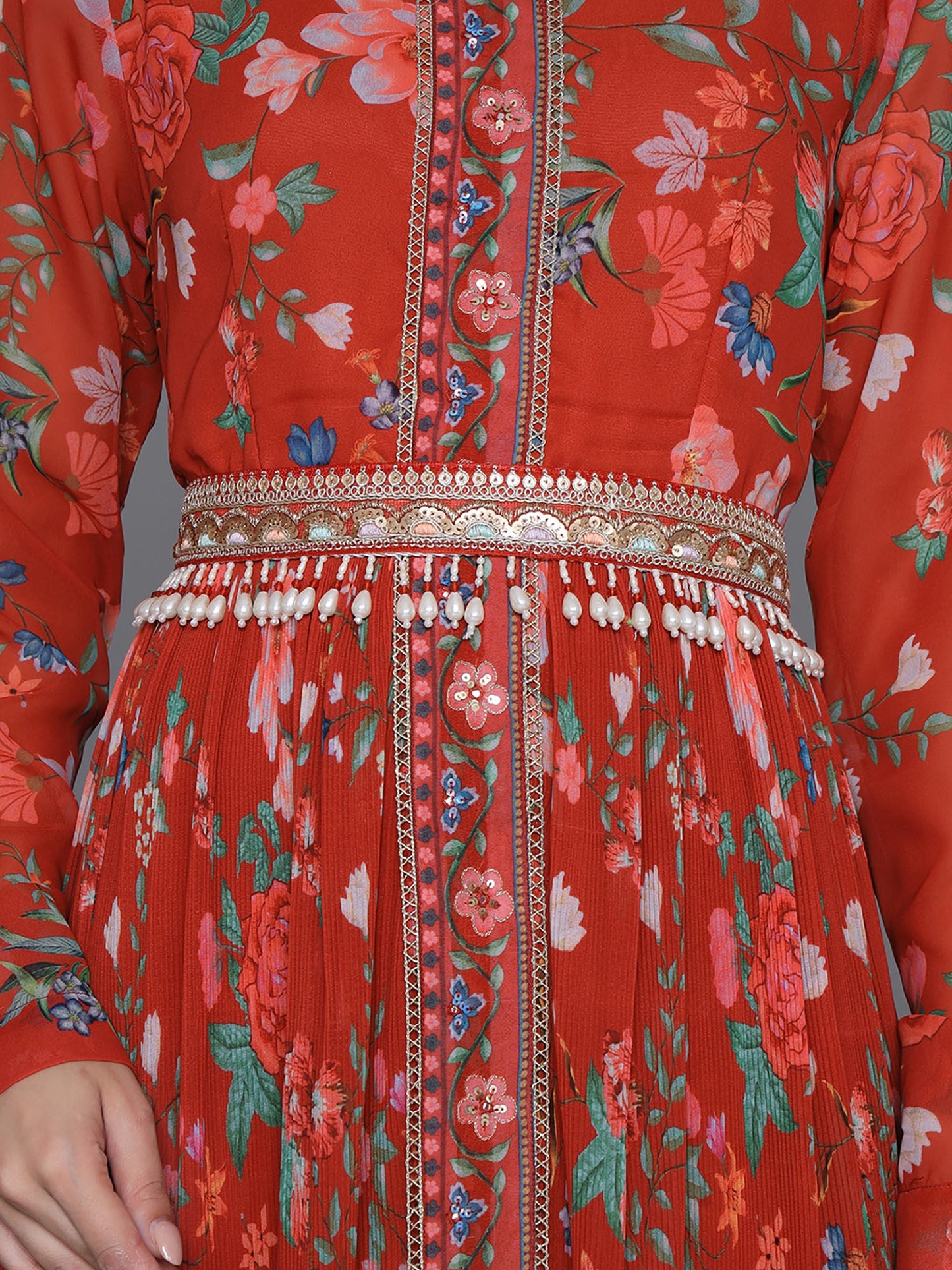 Heeposh Red Zari Embroidered Flared Kurta with Dupatta & An Embellished Belt (Set of 3)