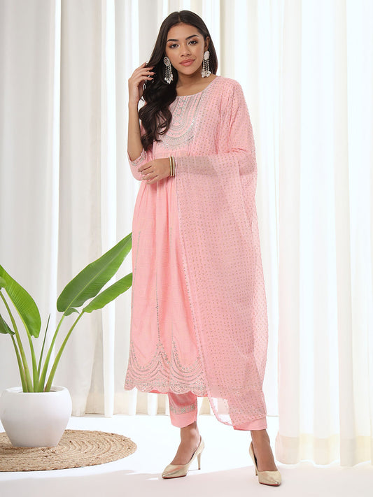 Heeposh Pink Embroidered A-Line Kurta & Pant with Printed Dupatta (Set of 3)