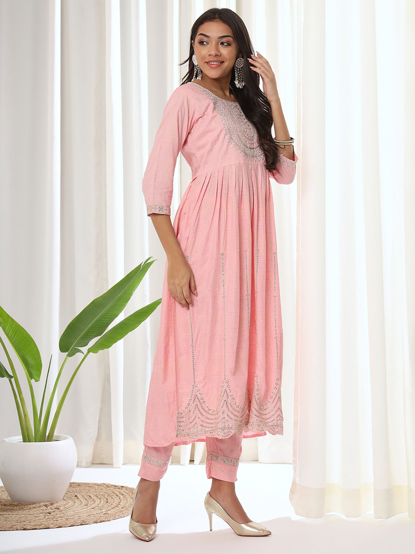 Heeposh Pink Embroidered A-Line Kurta & Pant with Printed Dupatta (Set of 3)