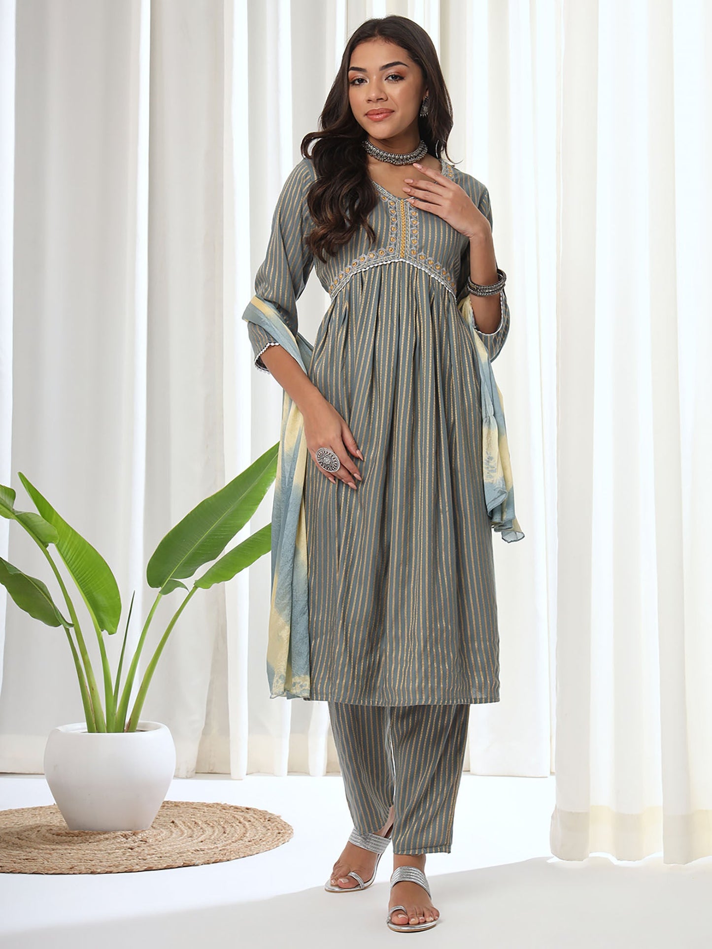 Heeposh Grey Stripe Printed A-Line Kurta & Pant with Tie Dye Dupatta (Set of 3)