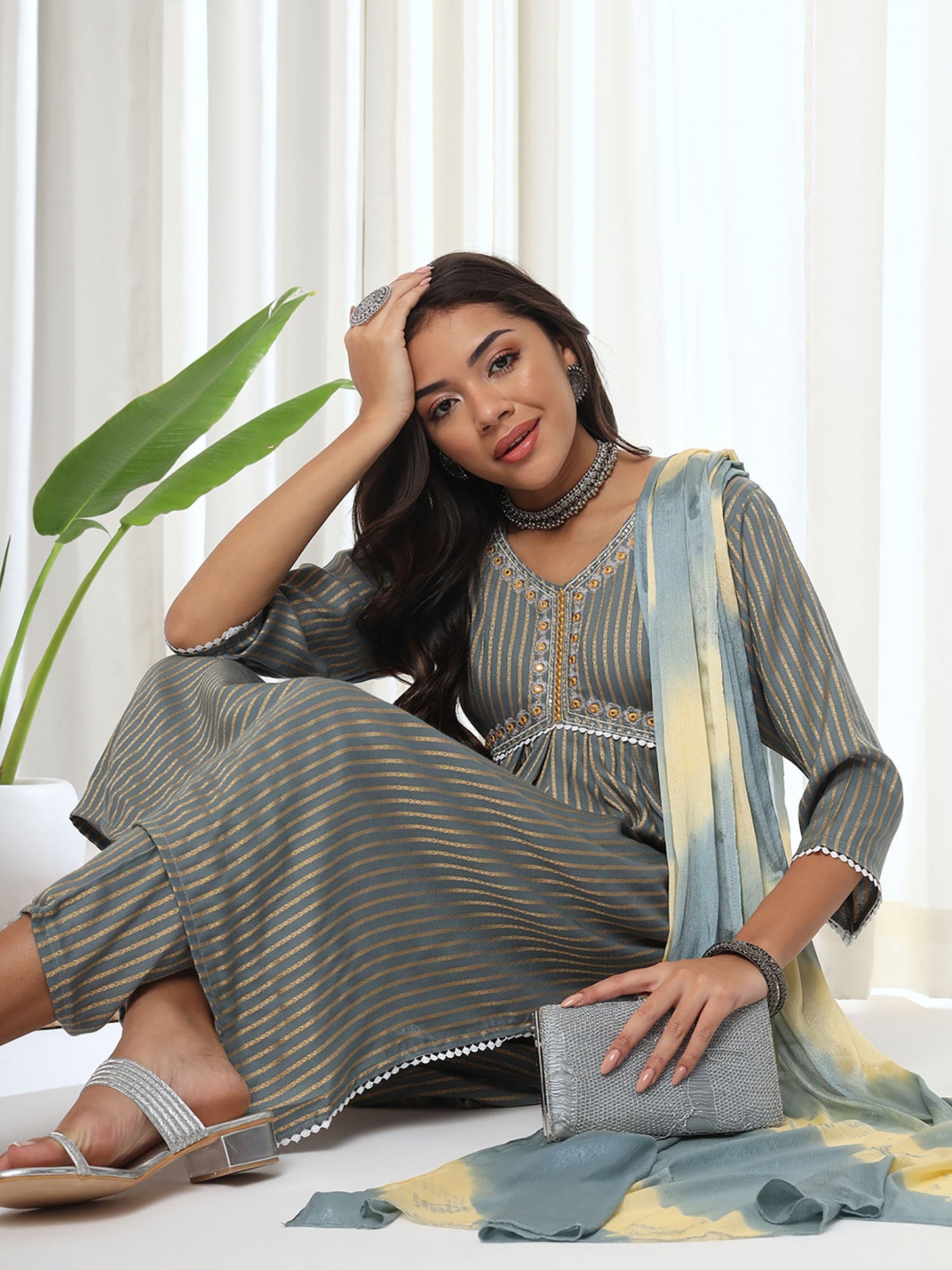 Heeposh Grey Stripe Printed A-Line Kurta & Pant with Tie Dye Dupatta (Set of 3)