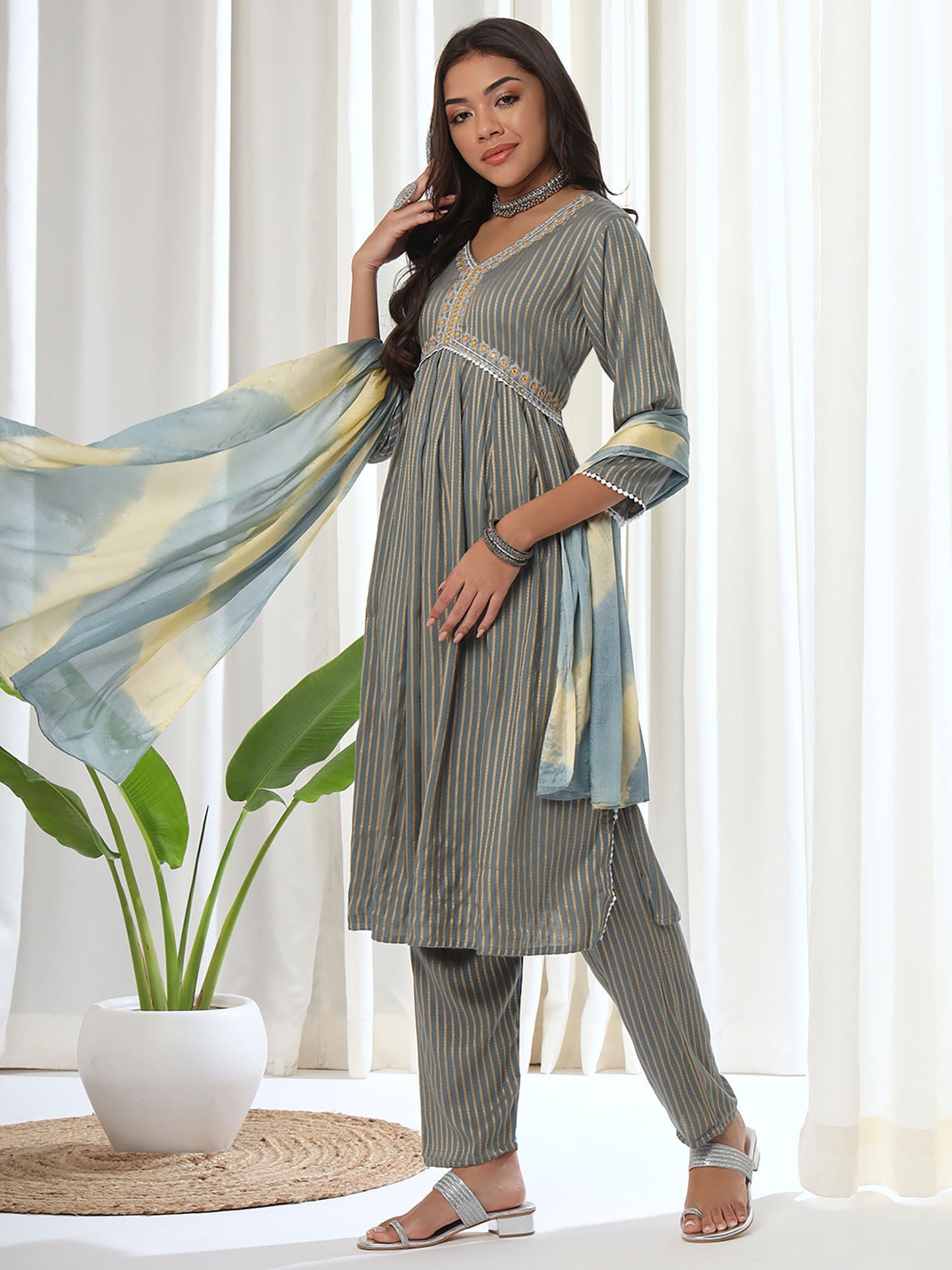 Heeposh Grey Stripe Printed A-Line Kurta & Pant with Tie Dye Dupatta (Set of 3)
