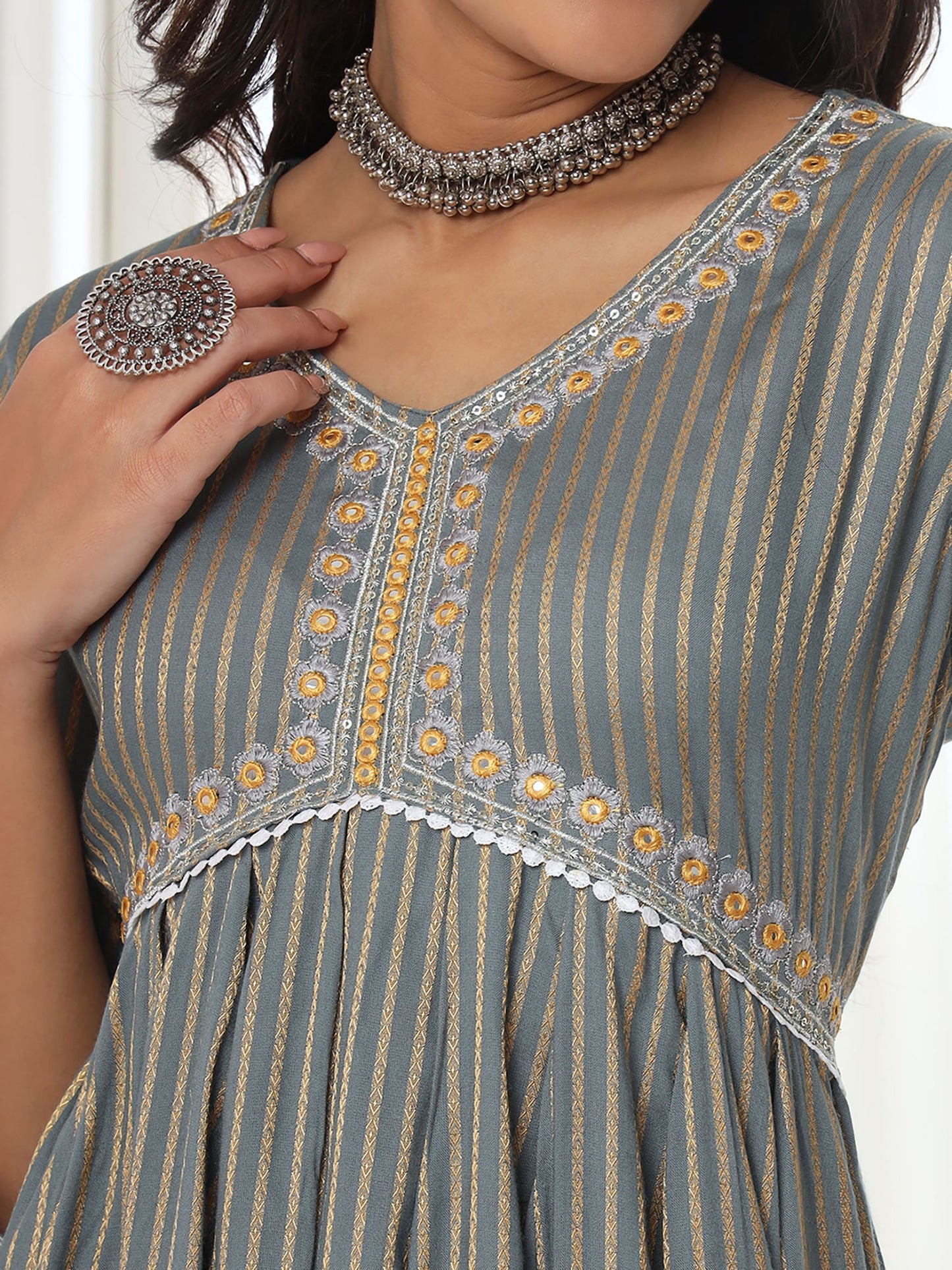 Heeposh Grey Stripe Printed A-Line Kurta & Pant with Tie Dye Dupatta (Set of 3)