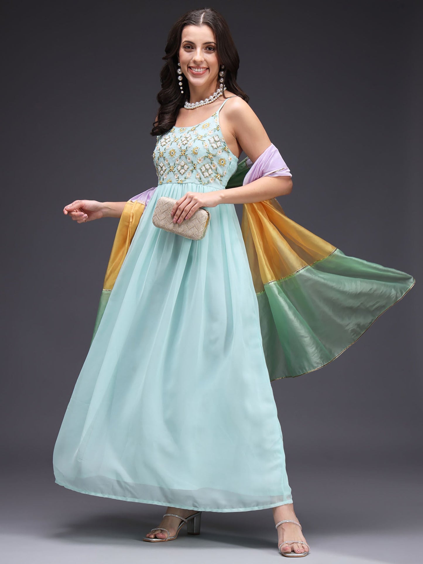 Heeposh Blue Flared Heavy Handwork Georgette Dress with Organza Dupatta (Set of 2)