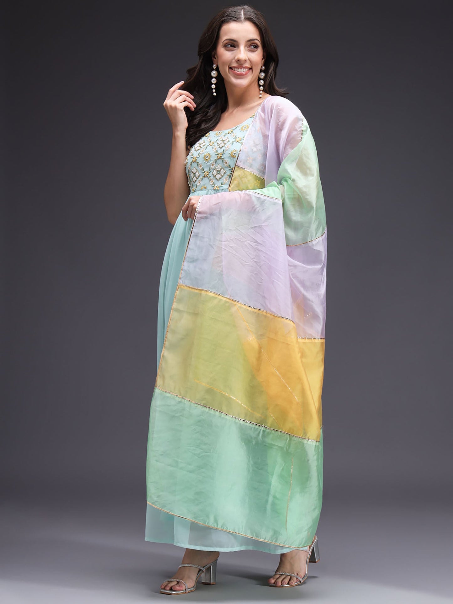 Heeposh Blue Flared Heavy Handwork Georgette Dress with Organza Dupatta (Set of 2)