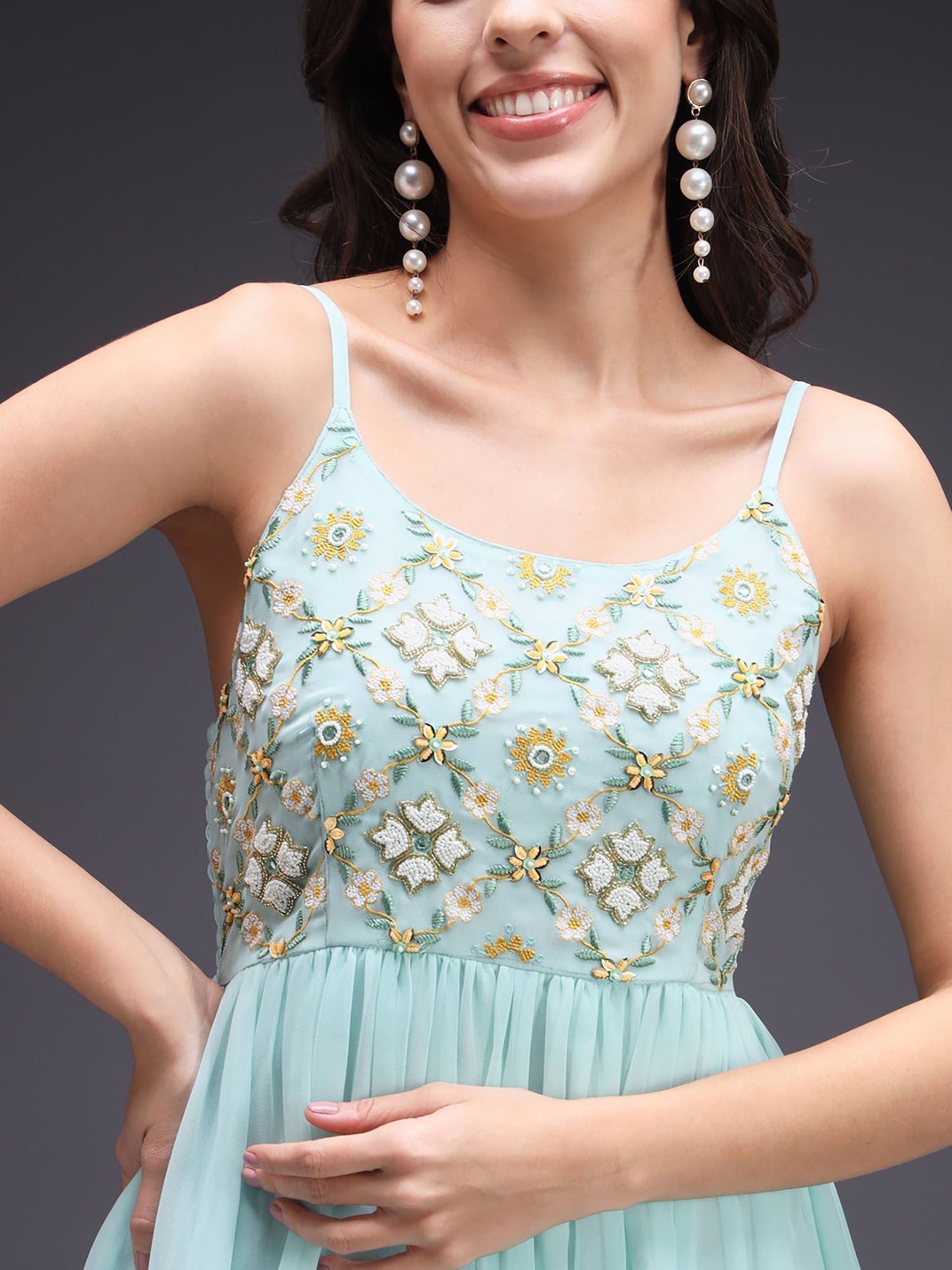 Heeposh Blue Flared Heavy Handwork Georgette Dress with Organza Dupatta (Set of 2)