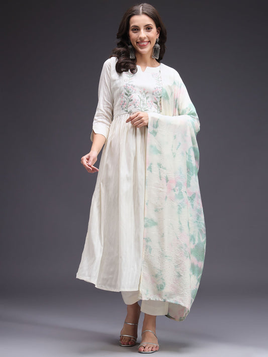 Heeposh Off White Cotton Weaved Kurta & Pant with Shibori Mulmul Dupatta (Set of 3)