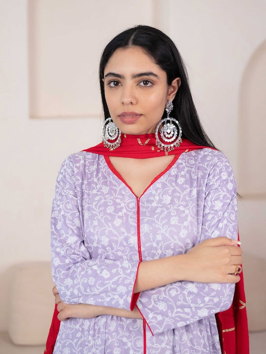 Myshka V-Neck Floral Printed Anarkali Kurta with Trousers & Dupatta