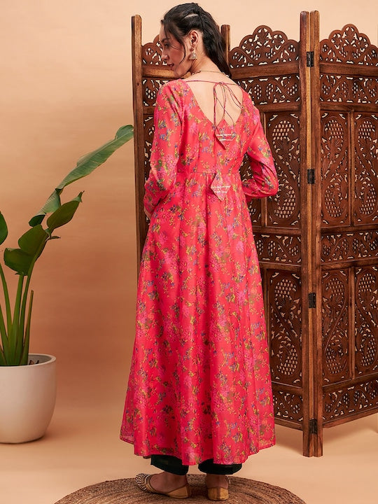 Shae by Sassafras Pink & Yellow Floral Printed Chanderi Silk Anarkali Kurta