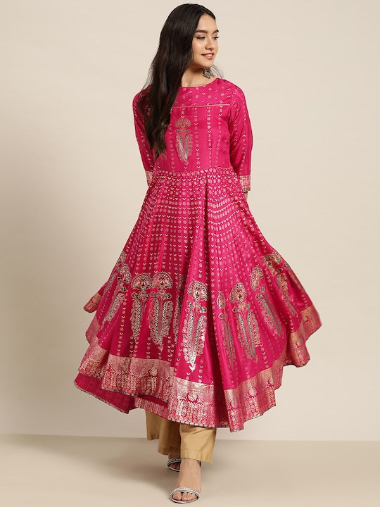 Juniper Women Fuchsia & Gold-Toned Foil Print Anarkali Kurta