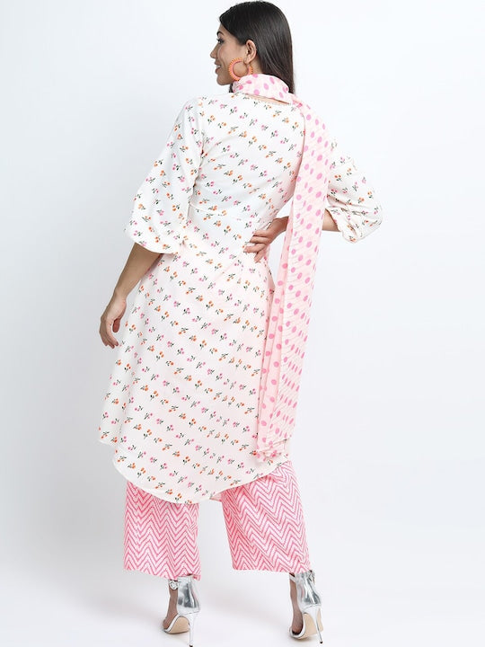 Vishudh Women Off White Floral Printed Empire Kurta with Palazzos & Dupatta