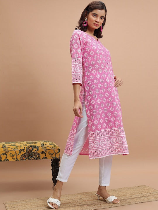 Vishudh Pink Ethnic Motifs Embroidered Thread Work Straight Kurta
