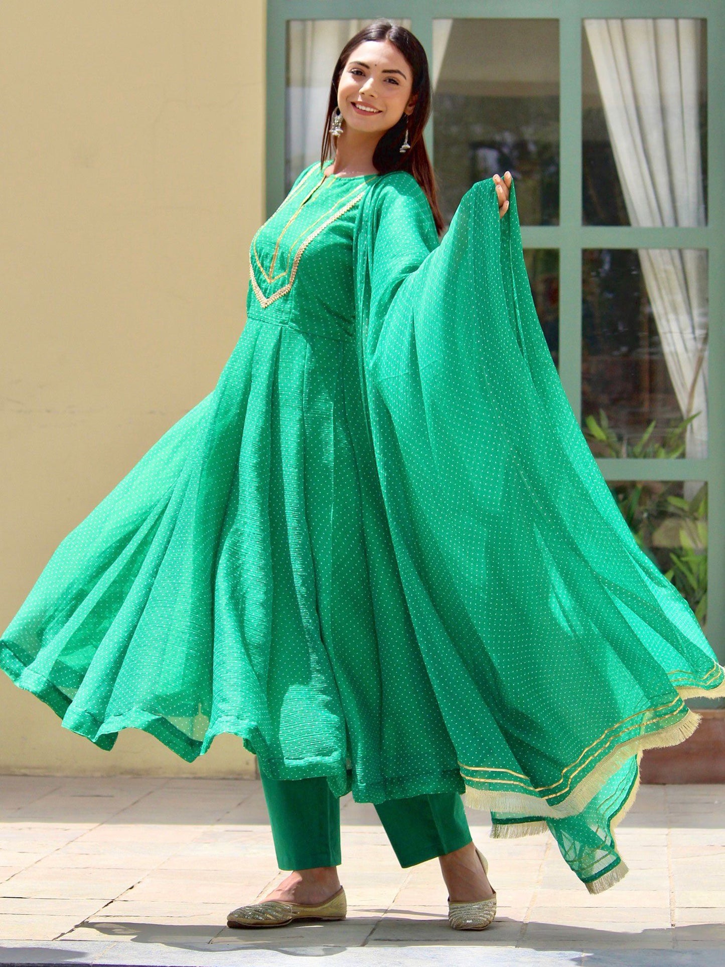 ONEWE INDIA Padmini Anarkali Set (Set of 3) - Green
