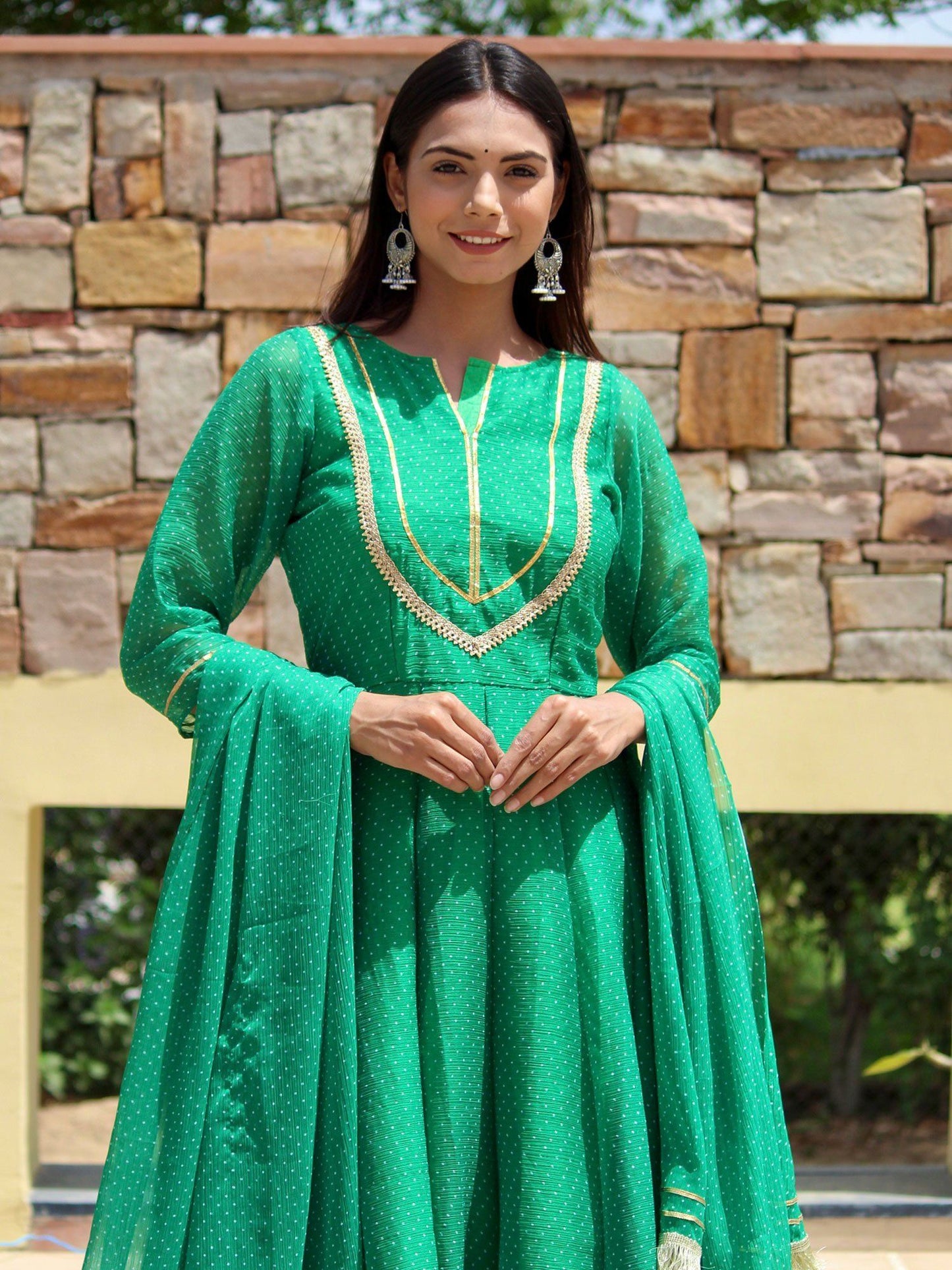 ONEWE INDIA Padmini Anarkali Set (Set of 3) - Green