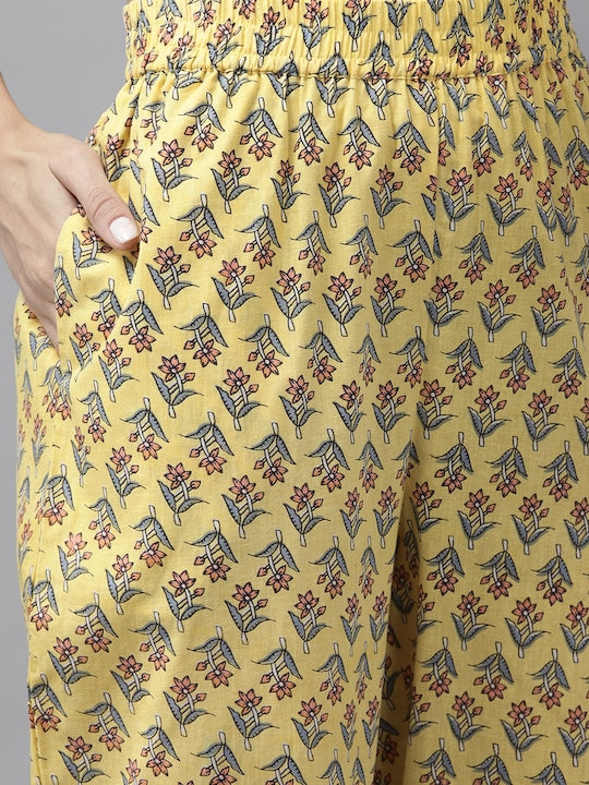 Yufta Women Yellow Floral Printed Regular Pure Cotton Kurta with Palazzos & With Dupatta