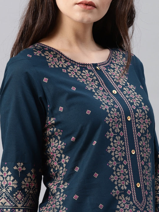 Vishudh Women Navy Blue Printed A-Line Kurta