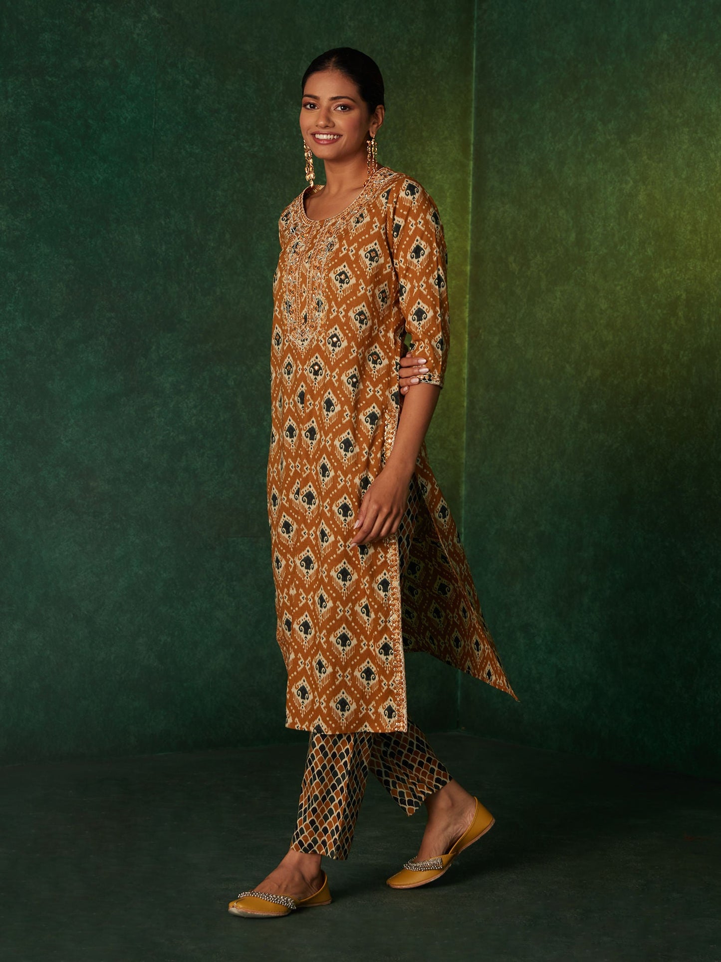 Likha Yellow Ikat Printed Straight Co-ord Set LIKSKD184 (Set of 2) - S