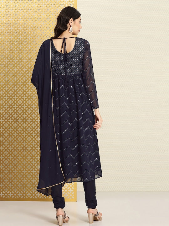 House of Pataudi Jashn Ethnic Motifs Embroidered Sequinned Kurta & Churidar With Dupatta