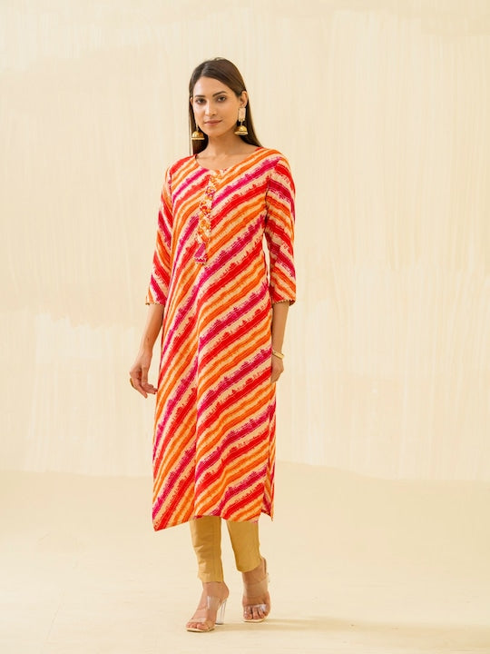 House of Pataudi Orange Striped Round Neck Gotta Patti Straight Kurta