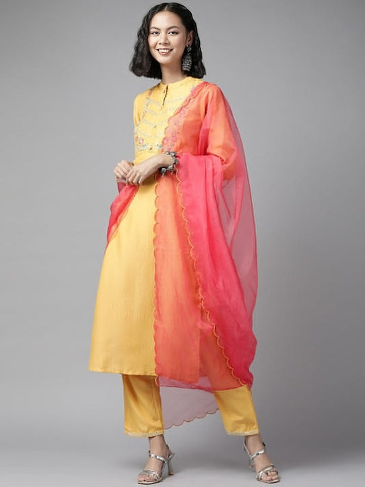 Yufta Floral Embroidered Sequined Kurta with Trousers & Dupatta