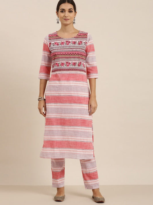 Vishudh Women Cream and Pink Striped Pure Cotton Kurta with Trousers