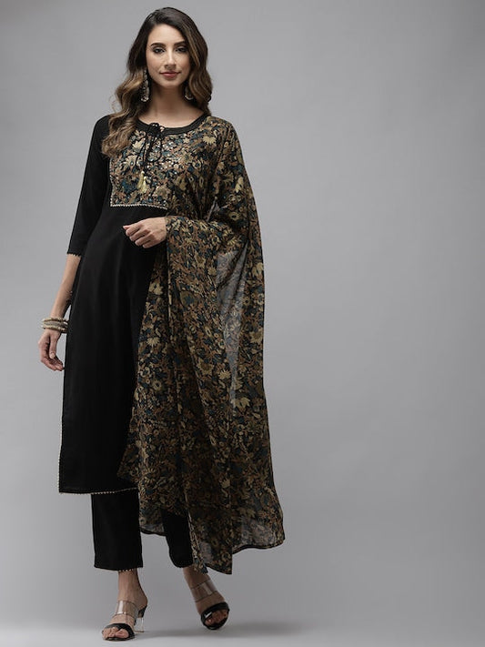 Yufta Women Black Yoke Design Regular Sequinned Pure Cotton Kurta with Trousers & With Dupatta