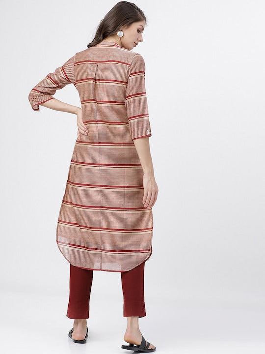 Vishudh Women Maroon & Beige Striped Band Collar Thread Work Kurta