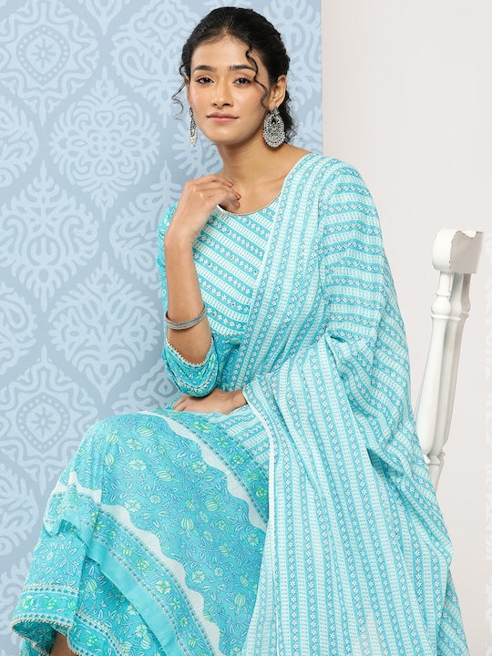 Yufta Women Blue Floral Embroidered Regular Sequinned Pure Cotton Kurta with Trousers & With Dupatta