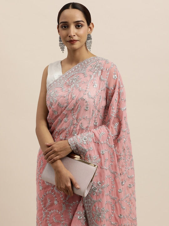 Kasee Pink & Silver-Toned Floral Embroidered Pure Georgette Saree
