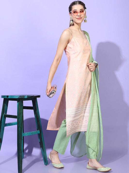 Vishudh Women Orange Printed Kurti with Trouser & Dupatta