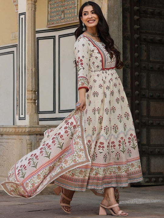 Juniper Beige & Red Floral Printed Cotton Ethnic Dress With Dupatta