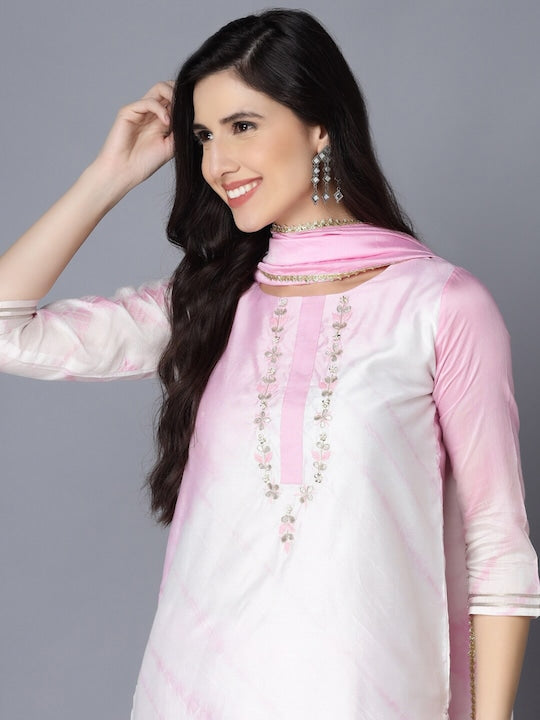 Myshka Women Pink Floral Yoke Design Kurta with Trousers & With Dupatta