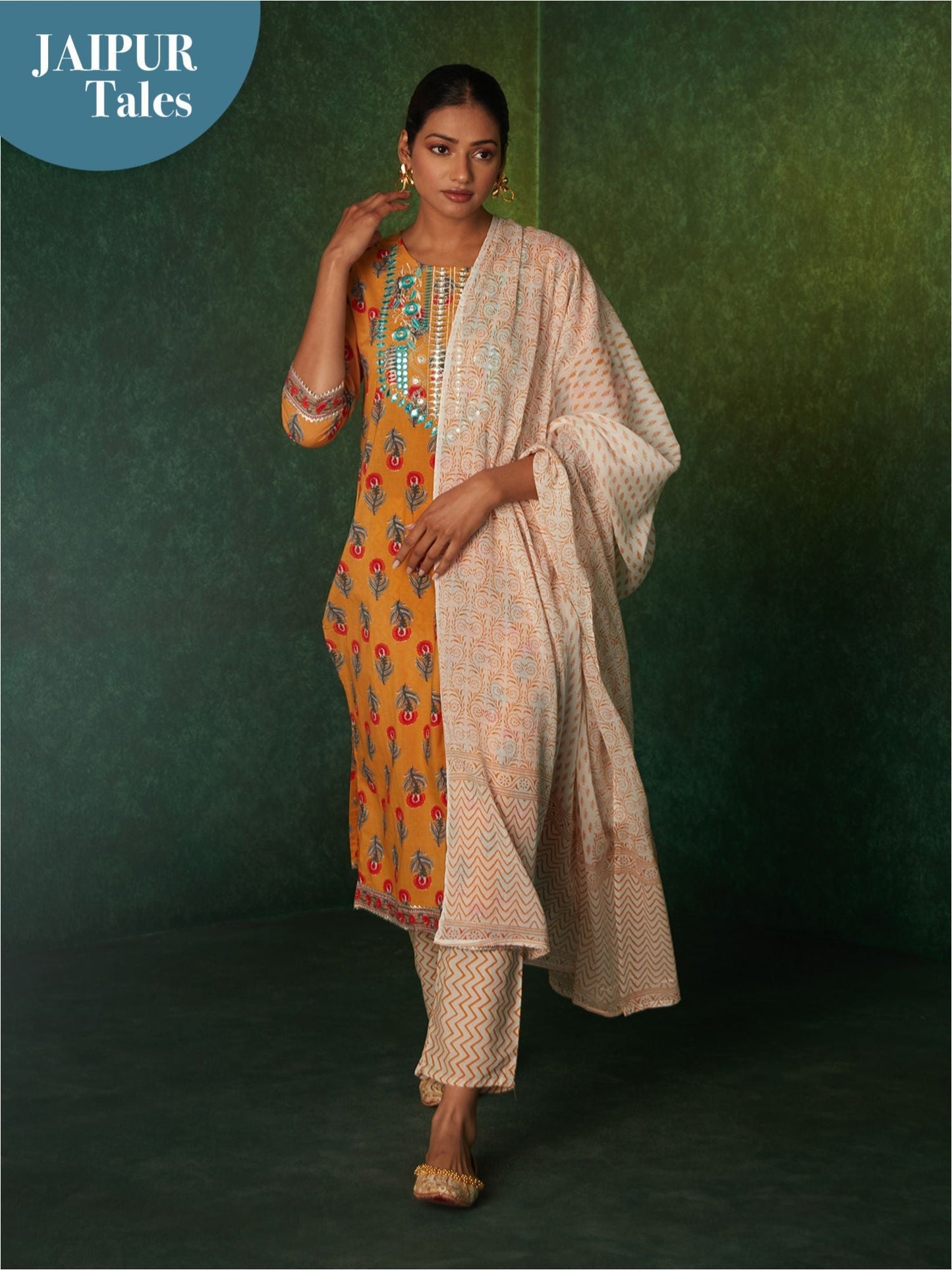 Likha Yellow Printed Mirror Work Kurta, Pant & Dupatta LIKSKD168 (Set of 3) - 2XL