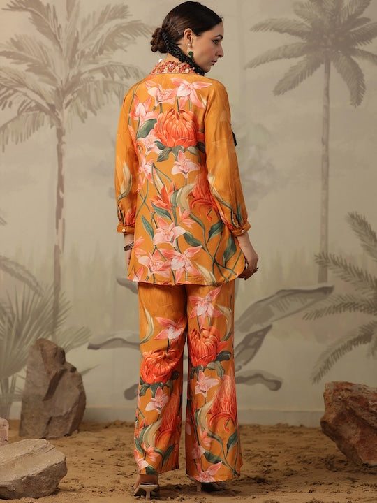 SCAKHI Floral Printed Shirt Collar Mirror Work A-Line Kurta & Palazzos