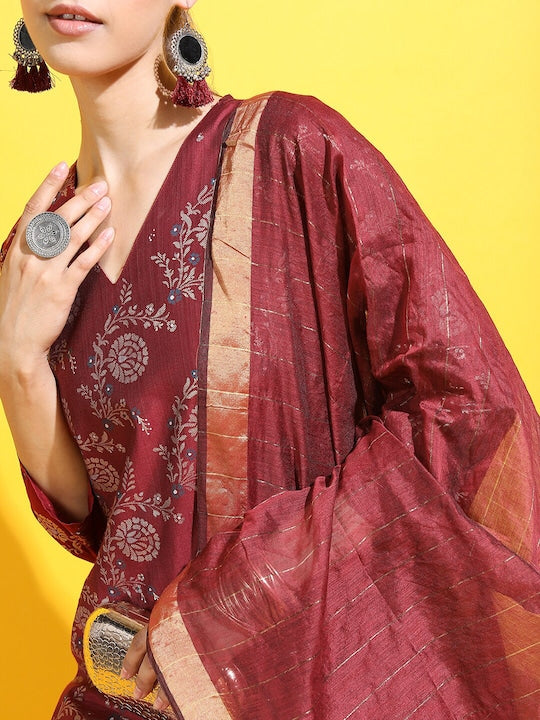 Vishudh Women Red Floral Kurta with Trousers & With Dupatta