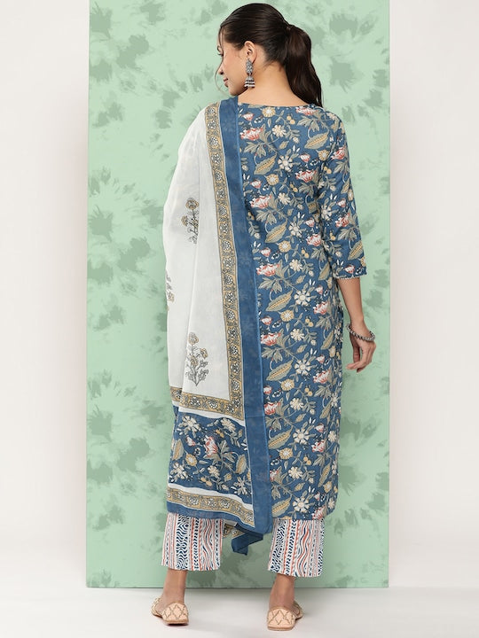 Yufta Ethnic Motifs Printed Gotta Patti Detail Cotton Kurta with Trousers & Dupatta