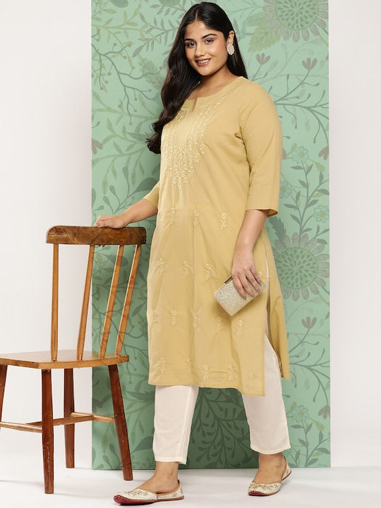 Yufta Plus Size Floral Embroidered Chikankari Pure Cotton Kurta