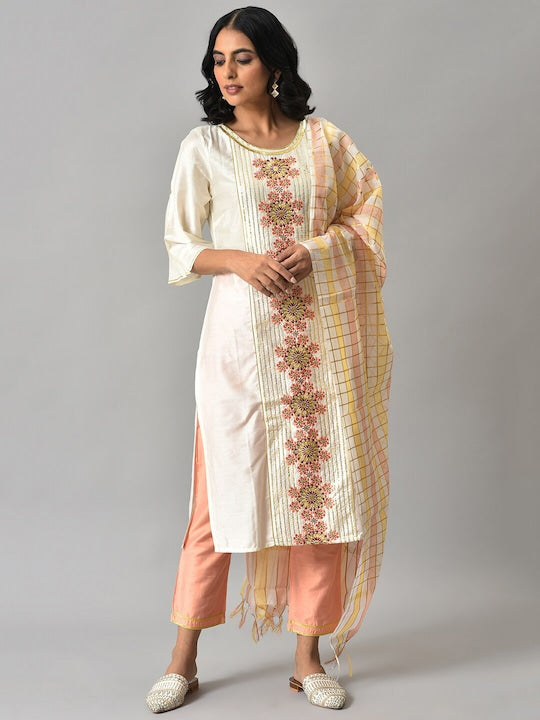 Aurelia Women White Floral Embroidered Liva Kurta with Trousers & Banaras Dupatta