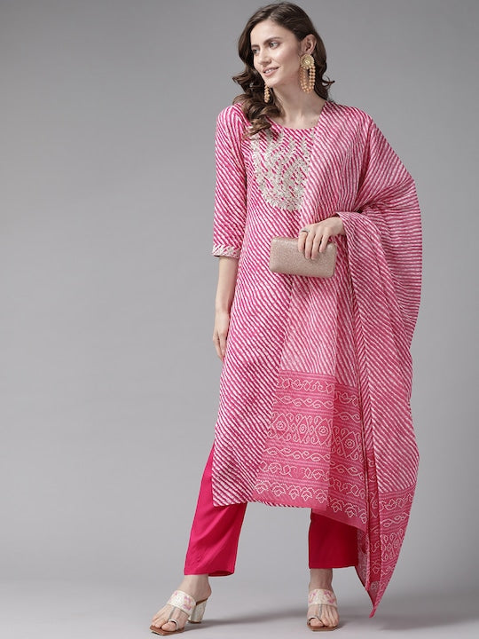 Yufta Women Pink Leheriya Printed Zardozi Kurta with Trousers & With Dupatta