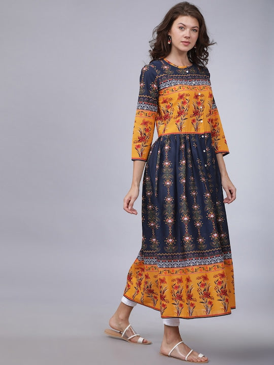 Vishudh Women Navy Blue & Mustard Yellow Floral Printed A-Line Kurta