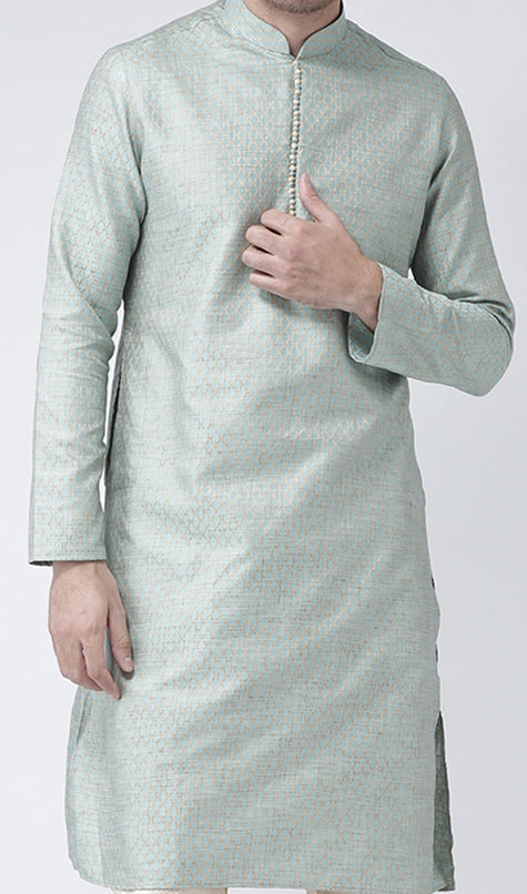 Deyann Men Blue & Cream-Coloured Self Design Kurta with Churidar