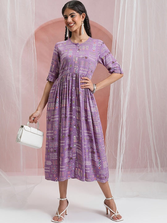 Vishudh Geometric Printed Roll-Up Sleeves Gathered Detail A-Line Midi Dress