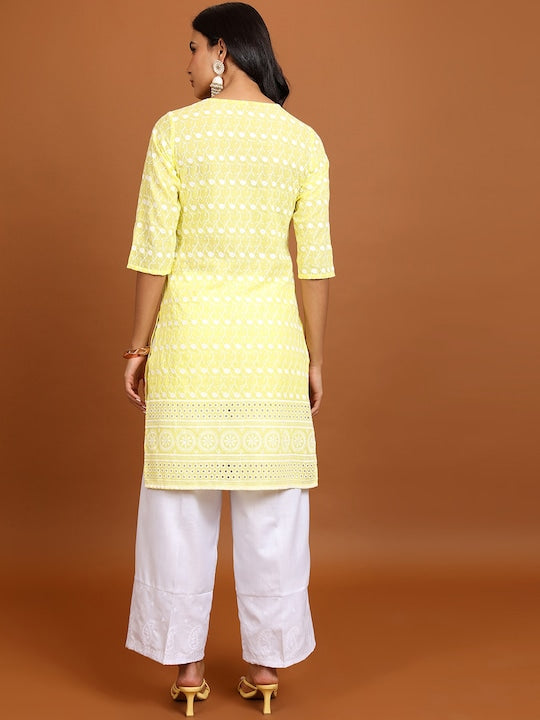 Vishudh Yellow Floral Embroidered Thread Work Straight Kurta