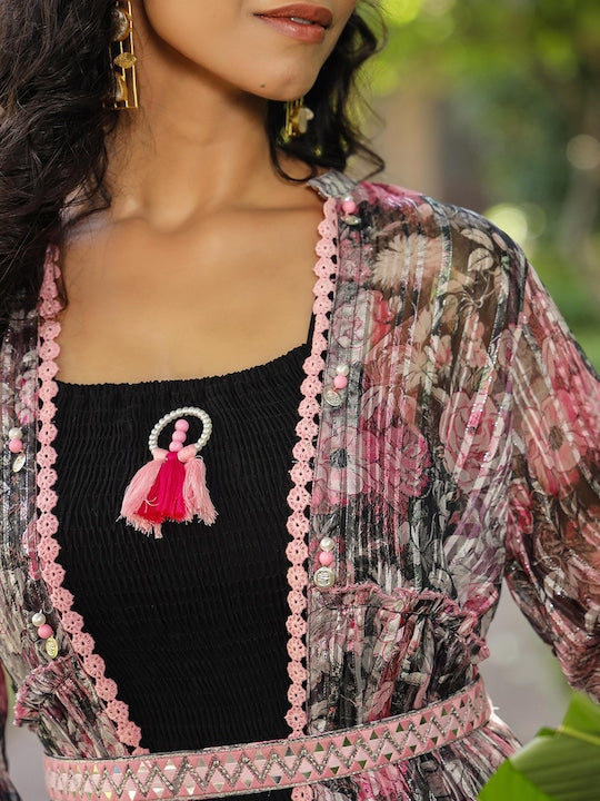 Scakhi Floral Printed Smoking Cuffed Sleeves Ethnic Dress With Shrug And Belt