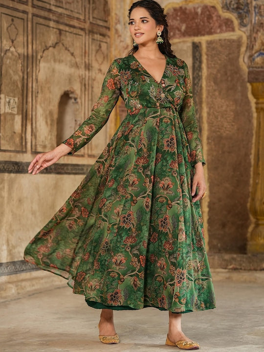 Scakhi Floral Printed Sequined Silk A Line Ethnic Dress